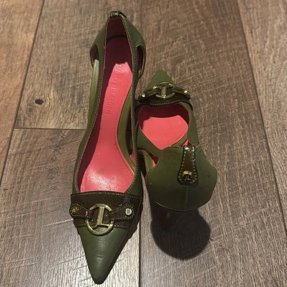 JUDITH LIEBER Olive Green Heels with Gold Accents - Picture 2 of 6